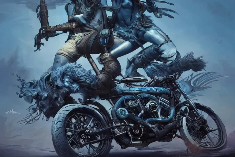 Prompt: a harley Davidson, in Mad Max style, coriolios rpg art style, full of details, dark sci-fi, cold blue colors, matte painting, artstation, 8k, hyperrealistic, style of peter mohrbacher