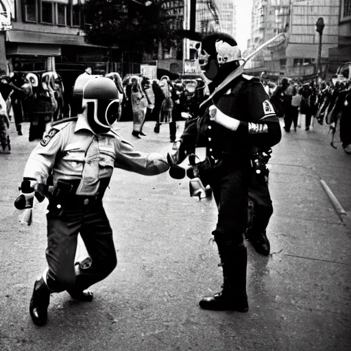 Image similar to a riot cop beating a clown, leica m 9, voigtlander 3 5 mm, 1 9 6 0 s