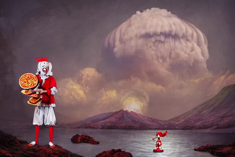 Image similar to pennywise as pulcinella!!! holding a pizza!!, volcano in the background, glowing rivers of lava, dark cloudy sky, an ultrafine detailed painting by joe fenton, full body, wide angle, post - apocalyptic vibe, pop surrealism, sharp focus, 3 d octane render, 4 k, perfect symmetrical face, masterpiece, hyperrealistic, trending on deviantart