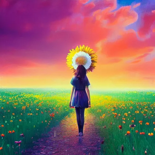 Image similar to giant daisy flower head, full body, girl walking in a flower field, surreal photography, sunrise dramatic light, impressionist painting, colorful clouds, digital painting, artstation, simon stalenhag, flower face