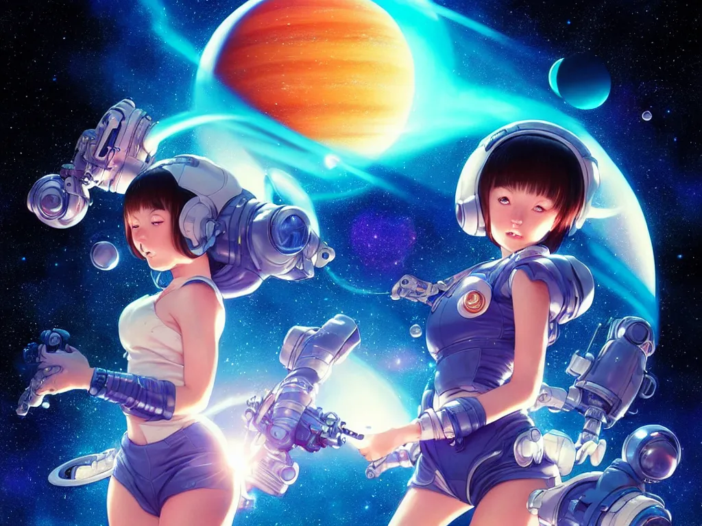 Prompt: bubbly space girl flying to the saturn with her animal compaions, occlusion shadow, specular reflection, rim light, unreal engine, artgerm, artstation, art by hiroaki samura and ilya kuvshinov and ossdraws, high quality, intricate detailed 8 k, fantasy illustration, extremely beautiful and aesthetic shape of face and body, movie poster