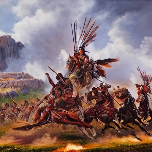 Prompt: fantasy art hyper ultra 4 k photo sioux indians attacking wagon train - n 4