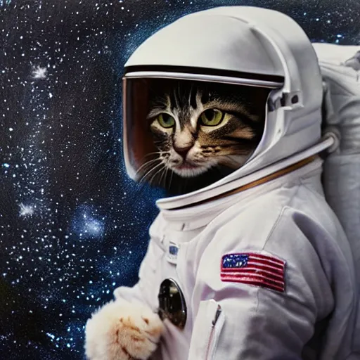 Prompt: oil painting of a cute cat in a astronaut suit with helmet, 35mm, photo, Epic, cinematic, highly detailed and intricate