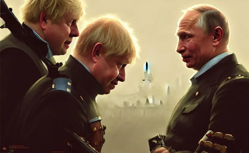 Image similar to Boris Johnson vs Vladimir Putin, face to face staring, civil war style, highly detailed, digital painting, artstation, concept art, smooth, sharp focus, illustration, cinematic lighting, art by artgerm and greg rutkowski and alphonse mucha