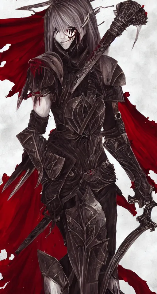 Image similar to dnd art, female vampire knight, barefoot, black full plate armor, historical armor, realistic armor, full body, monstrous mask, giant two - handed sword dripping blood, red wings, grinning, no shoes, black nail polish, realistic, pathfinder, flying.