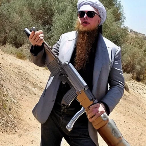 Image similar to elon musk wearing a long beard joining the taliban while riding a motorcycle