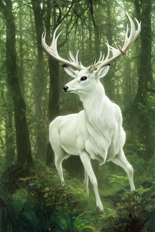 Image similar to Magical White Stag in the distance, lush green deep forest, cold light, art nouveau, 4K, character concept art, oil painting, digital painting, painterly, trending in artstation, cgsociety, by Alphonse Mucha, Artgerm, Greg Rutkowski, Tom Bagshaw, Sargent