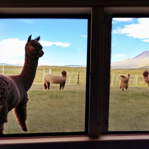 Prompt: <photograph accurate=true quality=very-high>looking out the window at a cybernetic utopia</photograph><photobomb>alpaca</photobomb>