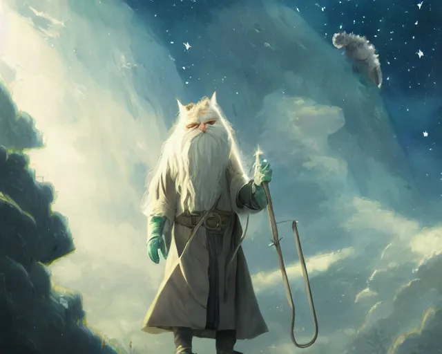 Image similar to one cartoonish kitty dressed as Gandalf floating alone in space, bright stars, anime, a fantasy digital painting by Greg Rutkowski and James Gurney, trending on Artstation, highly detailed