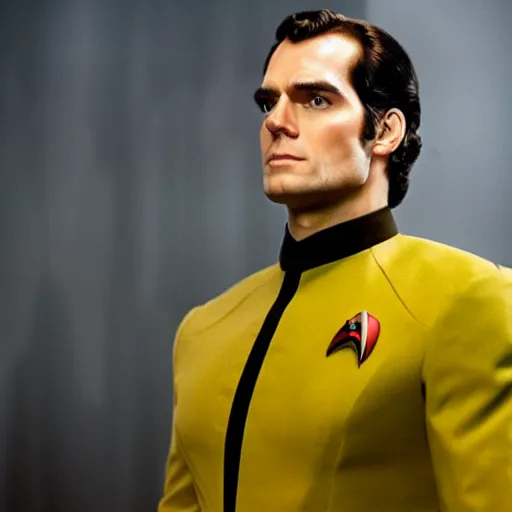 Image similar to a full body photograph of henry cavill as a star fleet captain from star trek next generation, full dress uniform, symmetrical face, extreme realism and detail, 8 k, completely framed, direct lighting, 3 5 mm photo, photorealistic, sharp focus