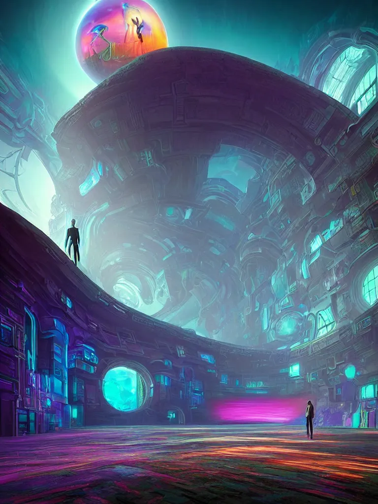 Prompt: entrance to ethereal realm, rendered in unreal engine, central composition, symmetrical composition, dreamy colourful cyberpunk colors, 6 point perspective, fantasy landscape with anthropomorphic!!! terrain!!! in the styles of igor morski, jim warren, and rob gonsalves, intricate, hyperrealistic, volumetric lighting, big sky, distinct horizon
