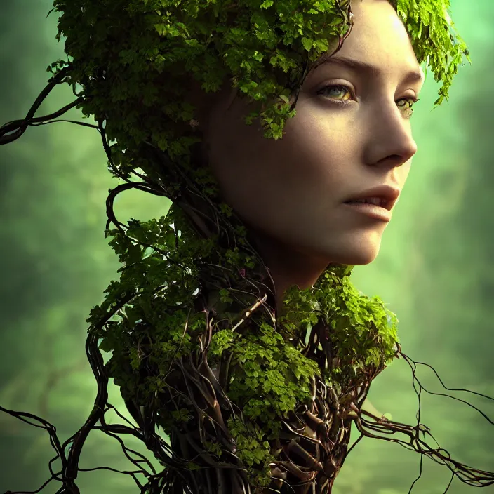 Image similar to female cyborg dryad portrait, entwined by vines and roots, octane render, cosmos background, surreal, light shining through, hyper - realistic, highly detailed, sharp focus, smooth, intricate