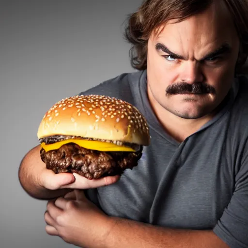 Image similar to Jack Black holding a hamburger, studio, split lighting, moody