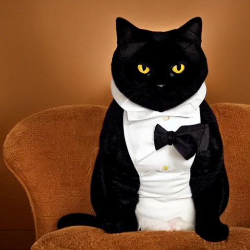 Image similar to photograph of a very fat and judgmental cat wearing a full tuxedo sitting in a dimly lit parlor lounge