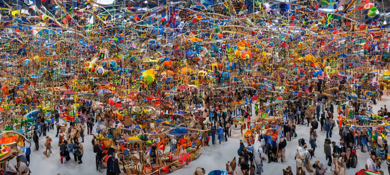 Prompt: Journalistic photography from huge exhibition room with thousands of different detail crafted secret gadgets toys and conundrums and puzzles,details, realistic colorful photography