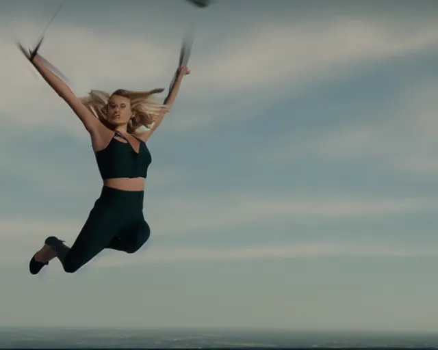 Image similar to a photo of margot robbie in the air jumping from a helicopter, hyper realistic faces, beautiful eyes, cinematic, long shot, hyper detailed, 8 5 mm photograph, 8 k resolution, film still, sharp lens, wide lens