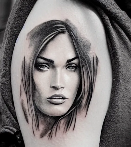 Image similar to realism tattoo sketch of a megan fox face in a double exposure effect with mountain scenery, in the style of matteo pasqualin, amazing detail, sharp, faded