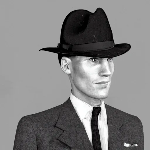 Image similar to A photograph portrait of Jerma985 wearing a suit with and fedora in the 1950s, taken in the early 1950s, grainy, taken on a 1950s Kodak Camera, realistic, hyperrealistic, very realistic, highly detailed, very detailed, extremely detailed, detailed, digital art, trending on artstation