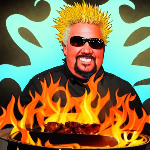 Image similar to guy fieri. surreal flames. abstract portrait. photoshop. bizarre. outdoor grill.