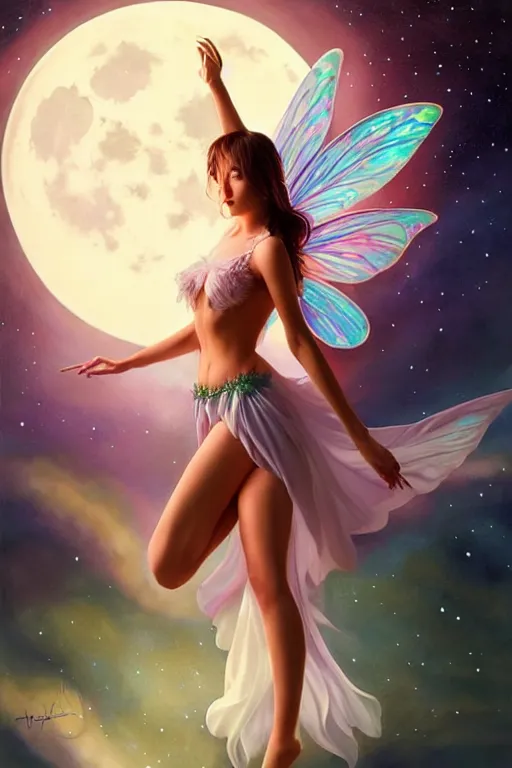 Image similar to attractive fairy magically floating high in the night, fantasy, full moon in background. highly detailed painting by artgerm, mid shot, 8 k