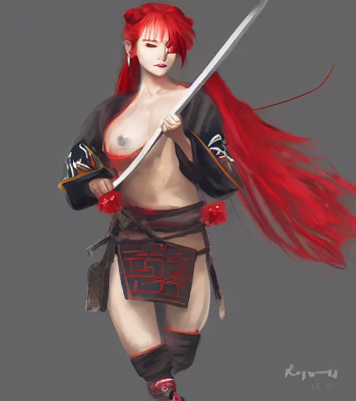 Prompt: a girl with red hair holding a katana, samurai outfit, japanese clothes, ponytail, action shot, highly detailed, digital painting, artstation, concept art, smooth, sharp focus, cosplay, illustration