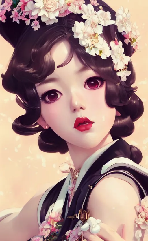 Image similar to a pin up and beautiful fashion and charming and dreamlke japan girl with lv jewelry, character art, art by artgerm lau and kyoung hwan kim and and ilya kuvshinov and john singer sargent, hyperdetailed, 8 k realistic, symmetrical, frostbite 3 engine, cryengine, dof, trending on artstation, digital art