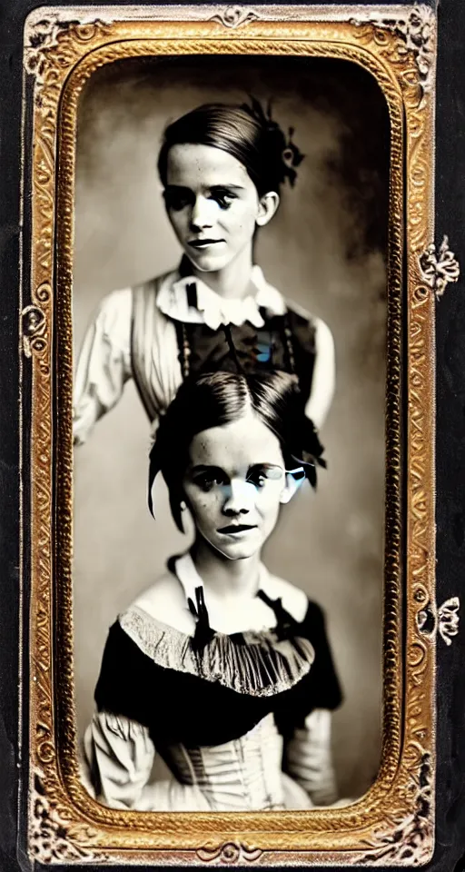 Image similar to a wet plate photograph, a beautiful portrait of Emma Watson dressed in victorian era clothes