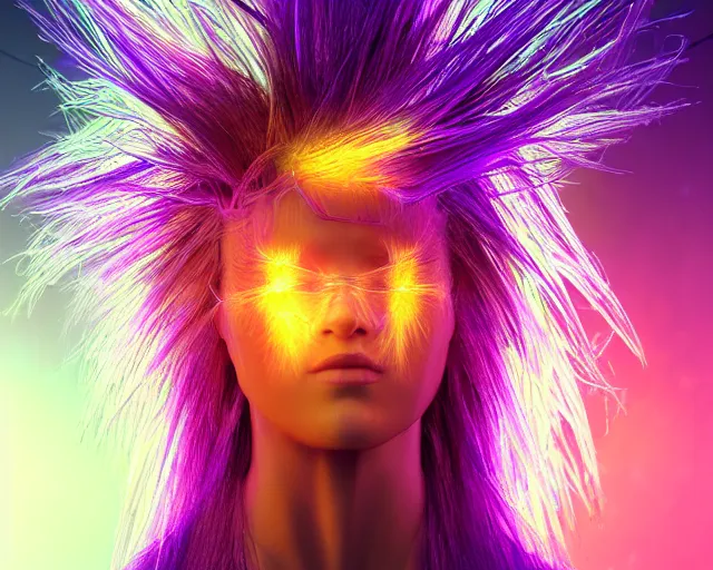 Image similar to glowing hair, complex cybernetic beings, beautiful hairy humanoids, cybermagnetosphere, cybernetic civilizations, ornate hair, love, joy, vortexes, large arrays, data holograms, 8 k, cinematic light shadows, wet hdr refractions, *, * * *, * * * * *