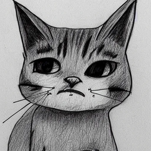 Image similar to An angry artist cries, he draws a simple drawing of a cat