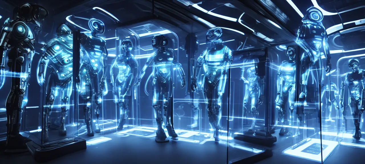 Image similar to beauty cybersuits in holograms of alien artifacts, electrical case display, total recall tech, ultrarealistic, dramatic lighting, electrical details, high details, 4k, 8k, best, accurate, photorealism, ultrarealistic, digital painting, beautiful lighting