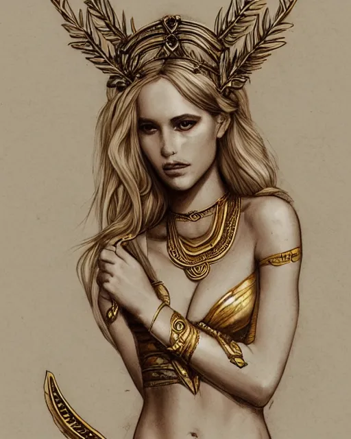 Image similar to tattoo design sketch of cute beautiful blonde super model as aphrodite greek goddess wearing a gold laurel wreath and triangle earrings, beautiful piercing gaze with sharp pupils, in the style of greg rutkowski, fantasy, amazing detail, epic, elegant, smooth, sharp focus, front view