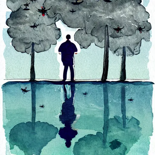 Prompt: digital illustration painting design style man standing on the pier against flyflies and big trees, watercolor ink painting, trending on artstation