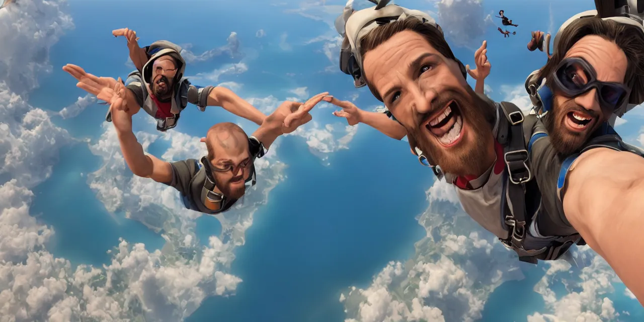 Image similar to Jesus taking a selfie while skydiving, pixar artstyle, hyperdetailed, artstation, accurate, octane render, 8k