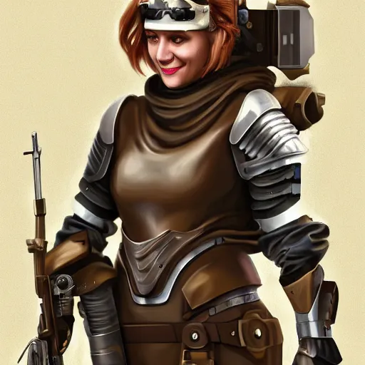 Prompt: female artificer with futuristic rifle, tubes connecting mediaeval half plate armor to rifle, brown hair, smiling, portrait, goggles over forehead, trending on artstation