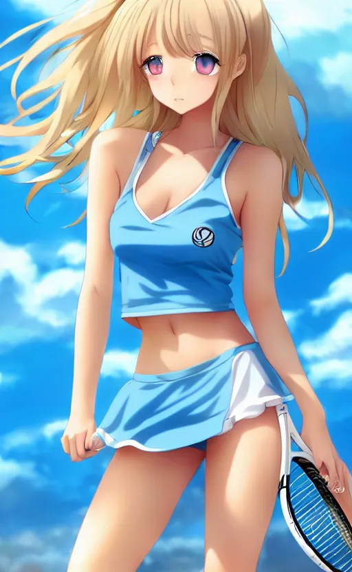Image similar to a very beautiful young anime tennis girl, full body, long wavy blond hair, sky blue eyes, ( ( ( full round face ) ) ), short smile, bikini, miniskirt, front view, mid - shot, highly detailed, cinematic wallpaper by stanley artgerm lau
