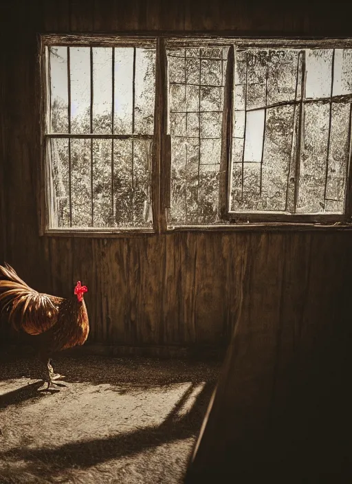 Image similar to a film production still, 2 8 mm, wide shot of a rooster, cabin interior, wooden furniture, cobwebs, spiderwebs, window light illuminates dust in the air, abandoned, depth of field, cinematic