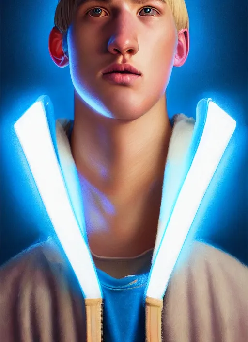 Image similar to portrait of high school senior boy named big moose, blonde short hair, jock, beefy, wide face, square jaw, square facial structure, blue varsity jacket with letter r, intricate, elegant, glowing lights, highly detailed, digital painting, artstation, concept art, sharp focus, illustration, art by wlop, mars ravelo and greg rutkowski