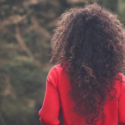 Image similar to back view of a curly long haired woman wearing grey hoodie discovering a red dragon in a cave