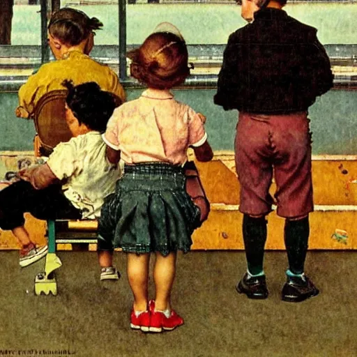 Prompt: children at a playground on smartphones, by norman rockwell