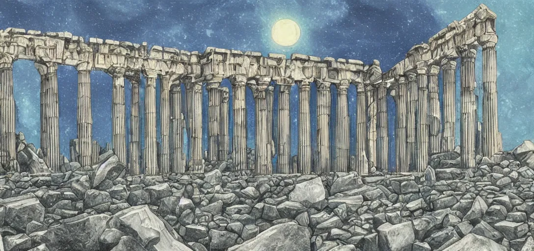 Image similar to The ruins of the Silver Millennium on the moon from Sailor Moon, digital painting, large Earth in the distance, Greek-esque columns and ruins