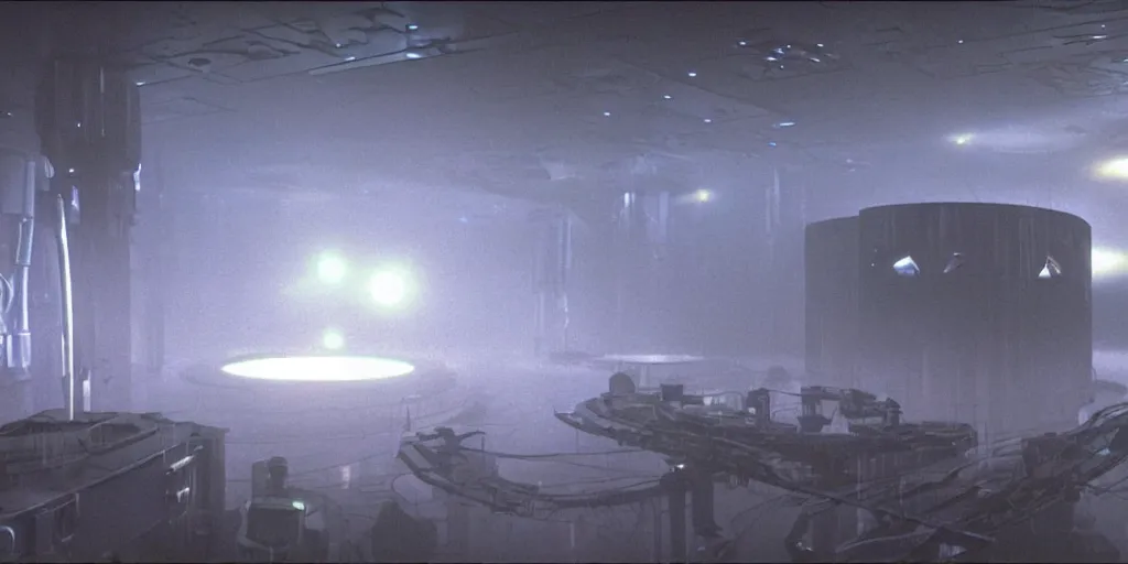 Image similar to film still of inside a dark futuristic scientific research outpost with complicated machinery and lasers in a moist foggy jungle, science fiction, laser lights and spooky shapes, ridley scott, lights through fog, futuristic outpost building, wet lush jungle landscape, dark sci - fi, 1 9 8 0 s, beige and dark atmosphere, ridley scott