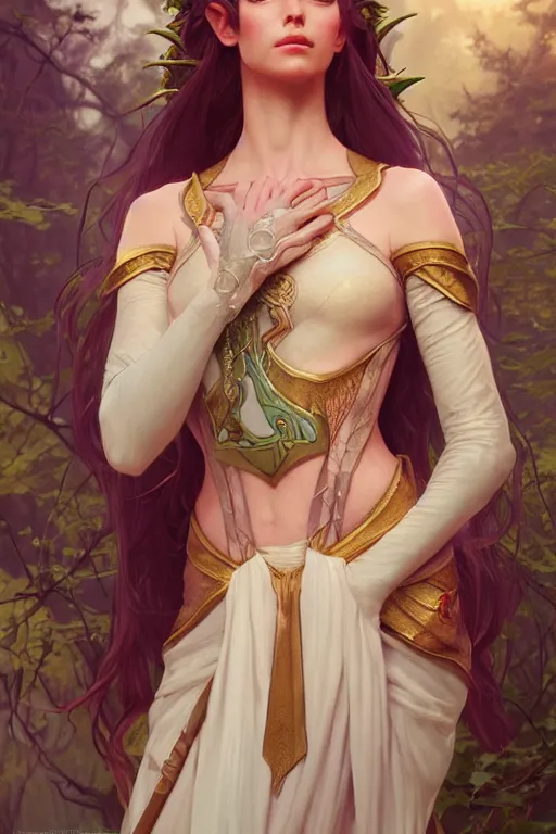 Prompt: beautiful elven princess, accurate anatomy, only two hands, highly detailed, digital painting, artstation, concept art, smooth, sharp focus, illustration, Unreal Engine 5, 8K, art by sakimichan and greg rutkowski and alphonse Mucha