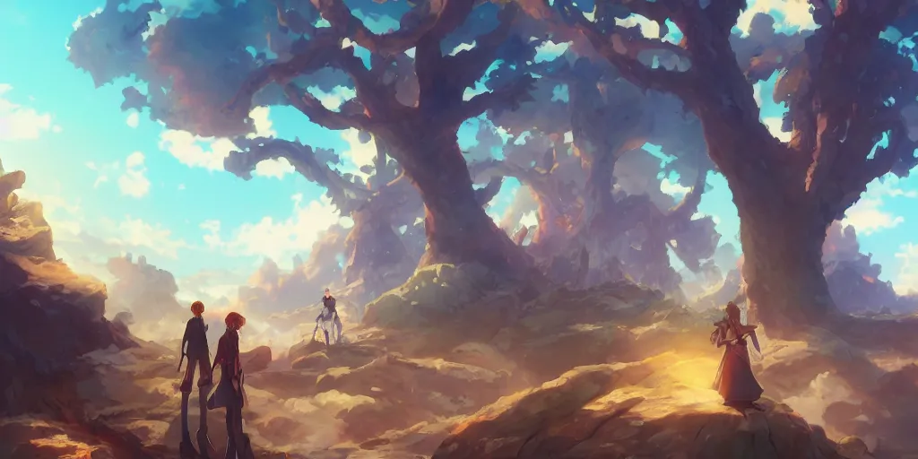 Prompt: isekai masterpiece by mandy jurgens, irina french, rachel walpole, and alyn spiller of an anime woman standing tree log looking up at giant crystals, high noon, cinematic, very warm colors, intense shadows, ominous clouds, anime illustration, anime screenshot composite background