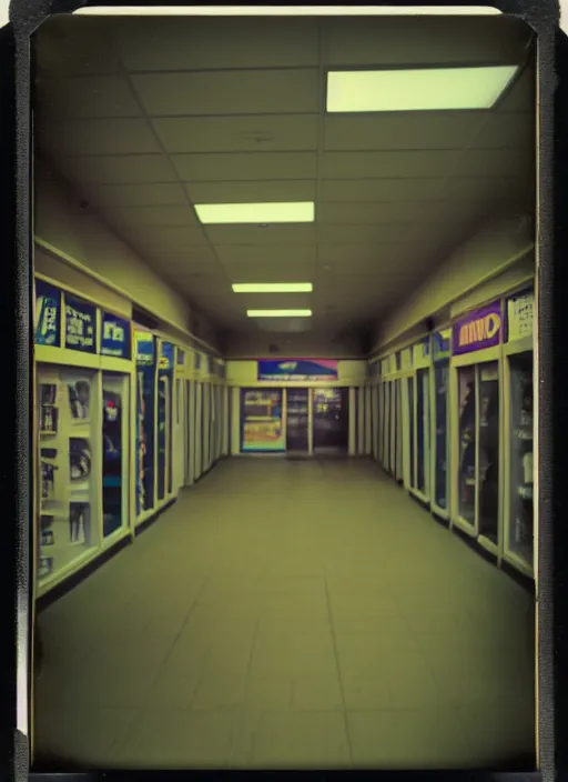 Prompt: polaroid photograph of the inside of an empty blockbuster store, liminal space, lonely, mannequins, black mold, cinematic, 3 5 mm, raw, unedited, 4 k, hd, the fifth element