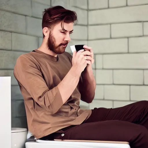 Image similar to dream an attractive young man sitting on top of the toilet drinking coffee and scrolling tiktok on his iphone, distant thoughtful look