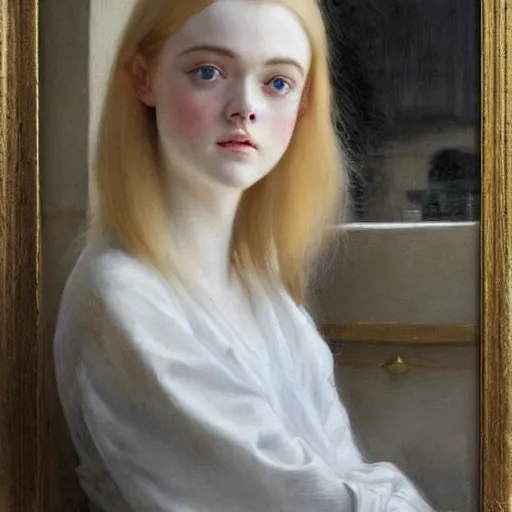 Image similar to Painting of Elle Fanning at a cafe, long blonde hair, delicate, pale milky white porcelain skin, by Ramon Casas. 8K. Extremely detailed.