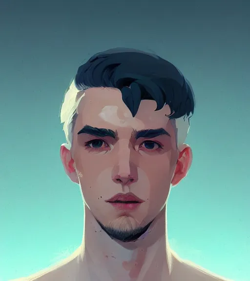 Image similar to portrait of a young man, raised on the island, white hair, face tatooes by atey ghailan, by greg rutkowski, by greg tocchini, by james gilleard, by joe fenton, by kaethe butcher, dynamic lighting, gradient light blue, brown, blonde cream and white color scheme, grunge aesthetic