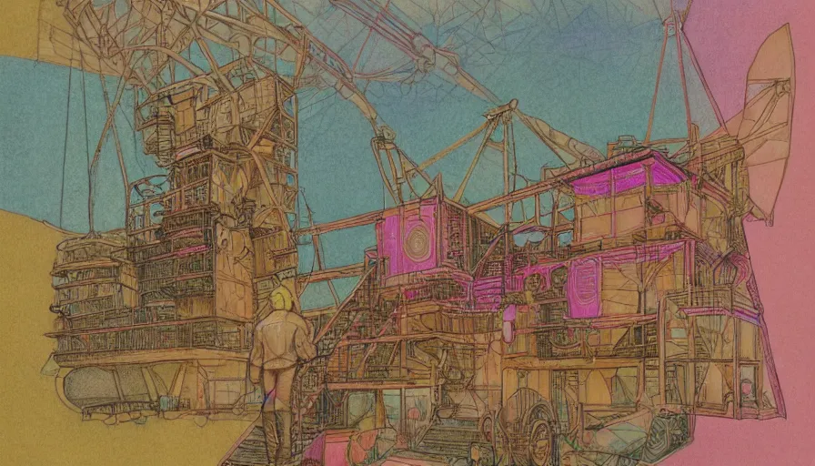 Image similar to corlaine in the pink palace, colored pencil crosshatch, Golden ratio, Oil rig, solarpunk