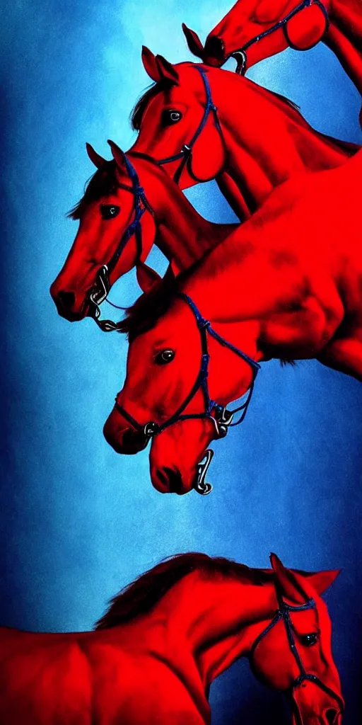 Prompt: red horses with blue riders, too many teeth, too many eyes, in hoc signo vinces, waterfall, in the style of gottfried helnwein, light by caravaggio, part by rodcenko, part by hofbauer, high contrast chiaroscuro, intricate composition, blue light, insanely quality, highly detailed, masterpiece, red light, artstation