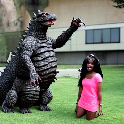 Image similar to Dark skinned girl pets Chibi Godzilla